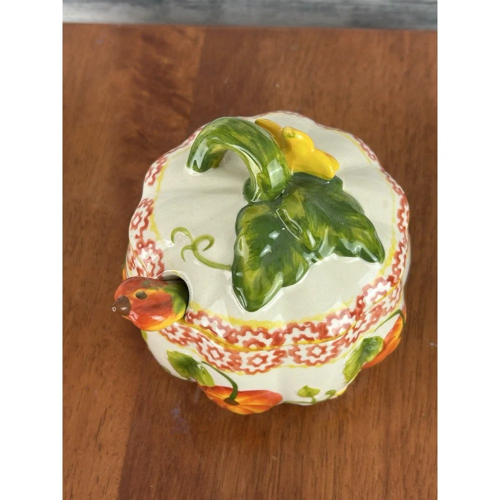 Temptations by Tara Old World Pumpkin Patch Pattern Ceramic Sugar Bowl W/ Spoon
